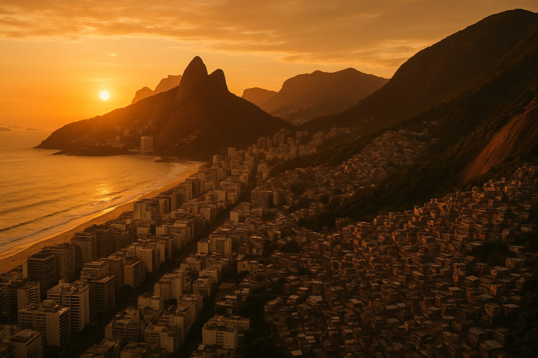 Contraste entre favelas e bairros de luxo no Rio de Janeiro, destacando a Rocinha e o Leblon ao pôr do sol.