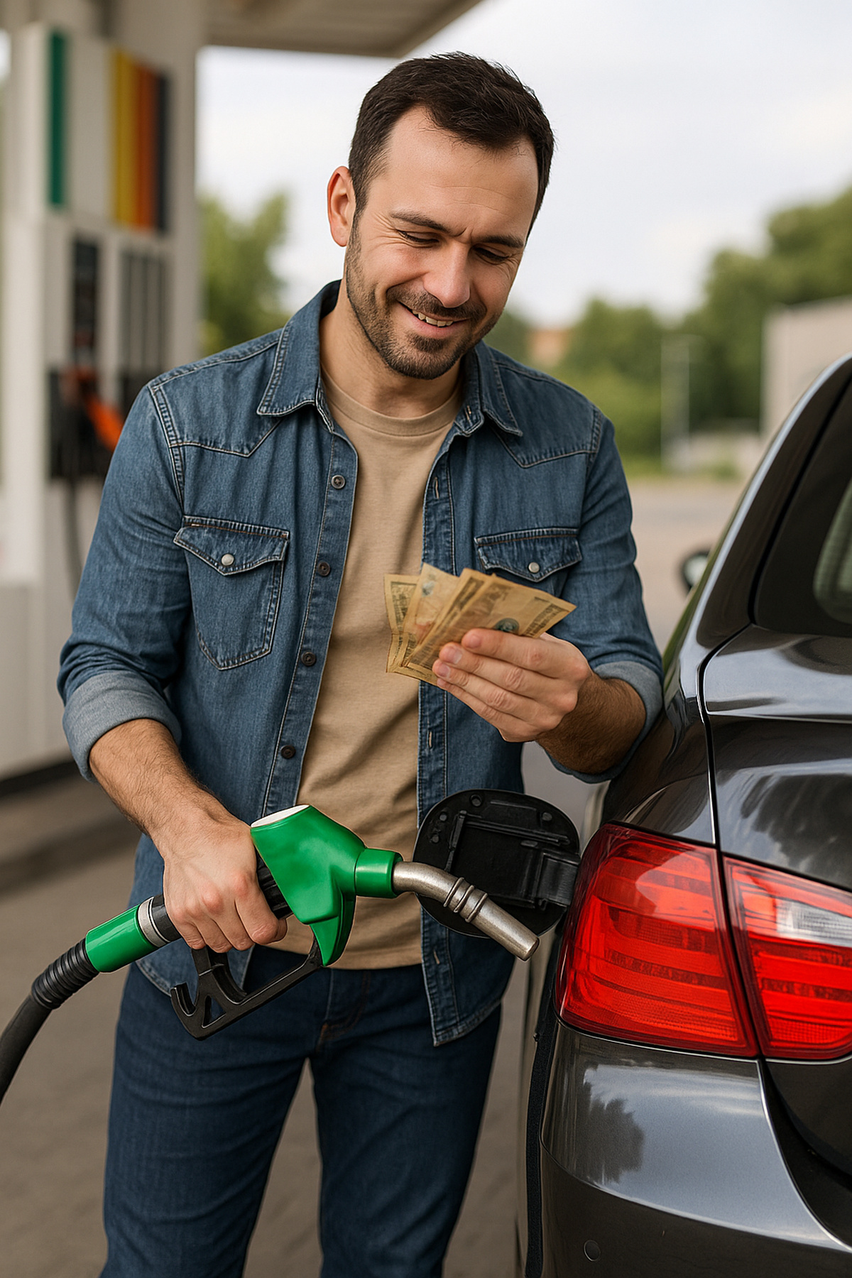 Motorista brasileiro sorrindo em posto de gasolina enquanto segura dinheiro e abastece o carro, simbolizando economia de combustível em 2025.