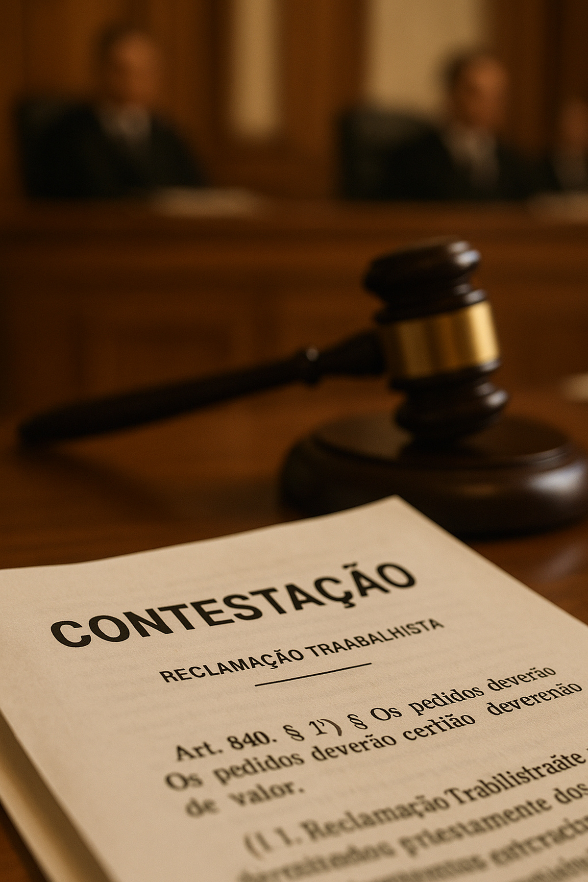 Documento de contestação trabalhista sobre mesa de tribunal, com martelo de juiz ao lado e ministros ao fundo, representando o embate entre STF e TST.