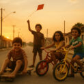 Crianças brincando na rua com carrinho de rolimã e pipa nos anos 80, representando a infância brasileira livre, feliz e inesquecível.