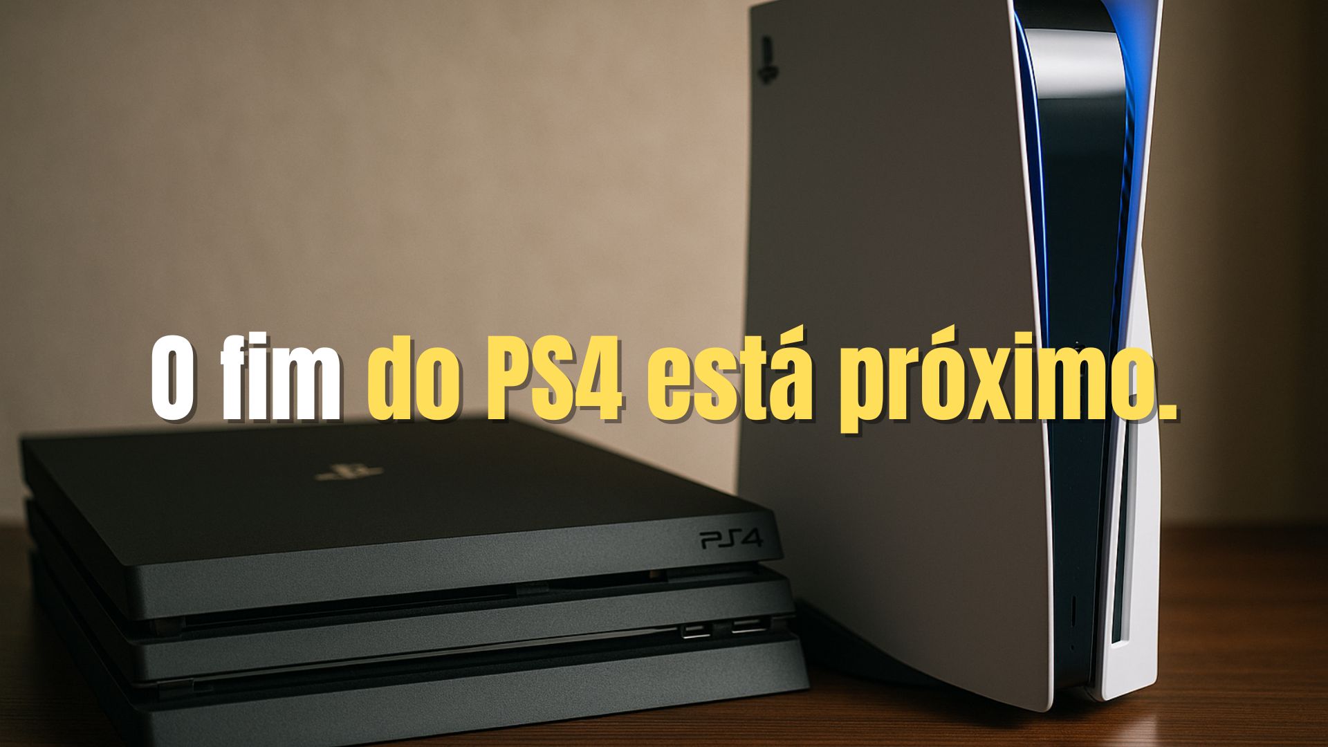 PlayStation 4 desligado e PlayStation 5 ligado representando a transição para a nova geração.