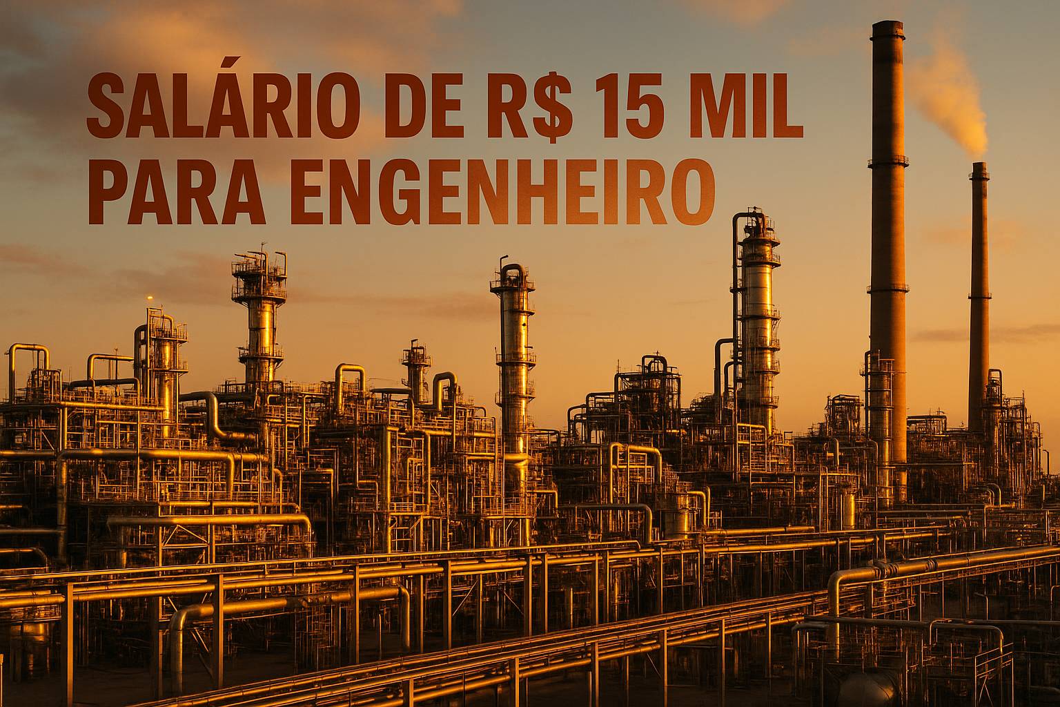 Refinaria onshore da Petrobras ao pôr do sol com destaque para vagas de Engenharia com salário de R$ 15 mil no Rio de Janeiro.