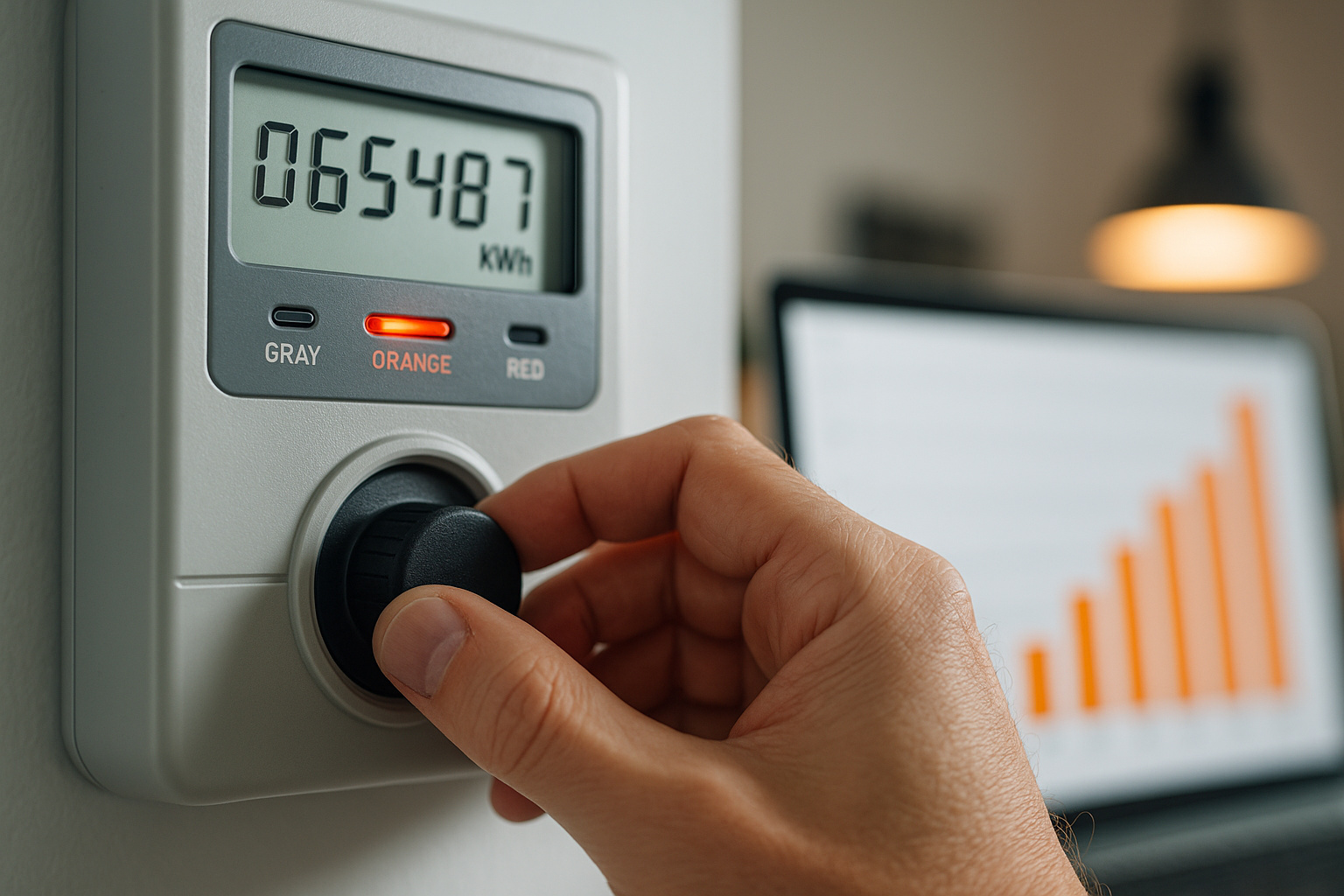 Mão ajustando medidor de energia com indicador aceso durante horário de pico, ilustrando mudança tarifária proposta pela Aneel na Tarifa Branca.