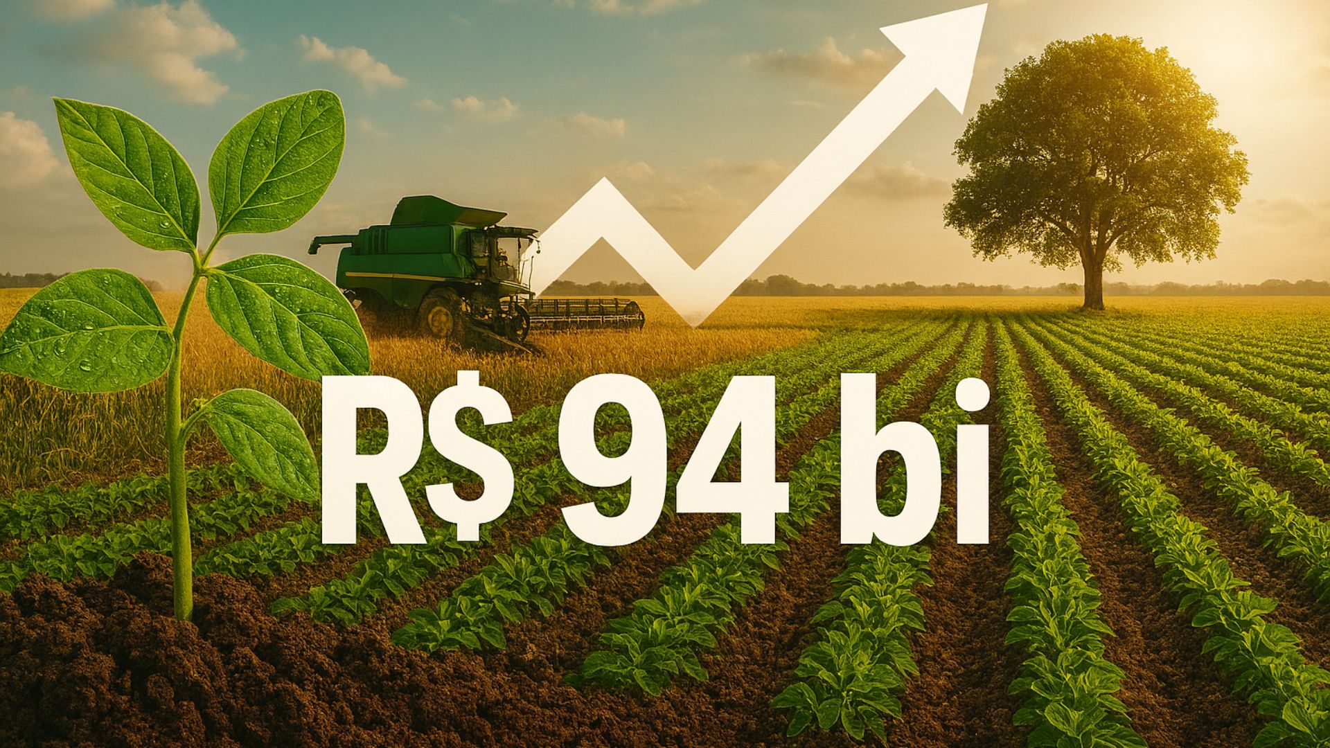 Imagem de um campo agrícola ao pôr do sol com uma plantação verde em primeiro plano, uma máquina colheitadeira ao fundo e uma seta branca apontando para cima.