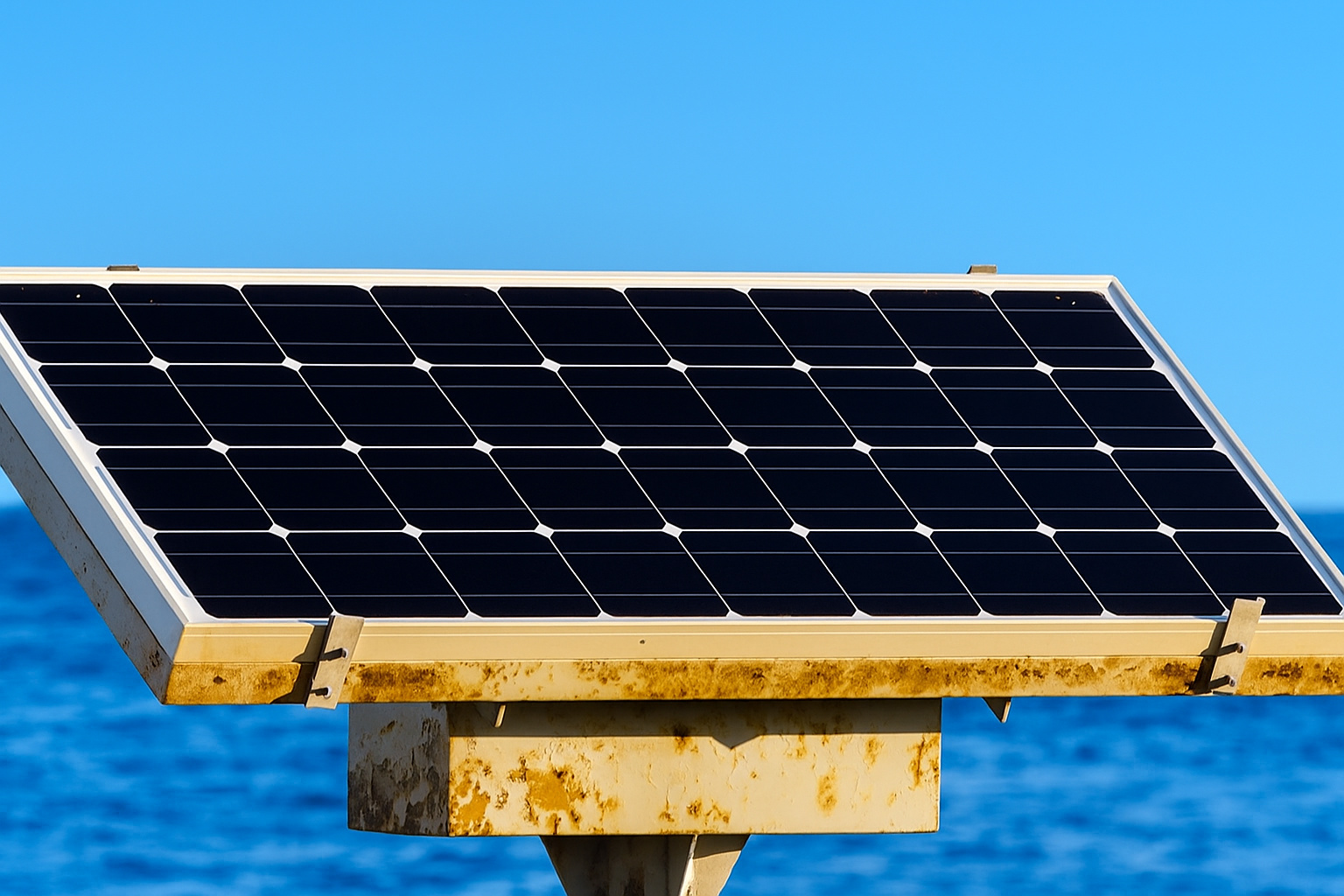 Painel solar instalado próximo ao mar sob o céu claro do meio-dia.