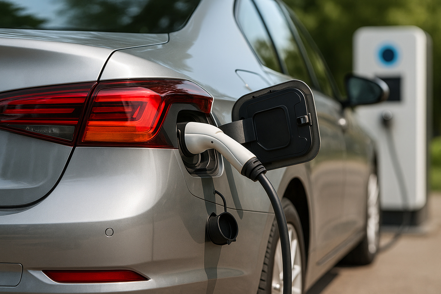 Carro elétrico moderno conectado a um posto de recarga, representando durabilidade e eficiência da nova geração de veículos elétricos.