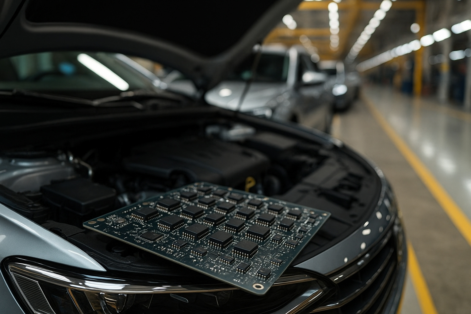 Linha de montagem automotiva com placa de chip semicondutor sobre o motor de um carro, simbolizando o acordo Brasil-China para garantir o fornecimento de componentes.