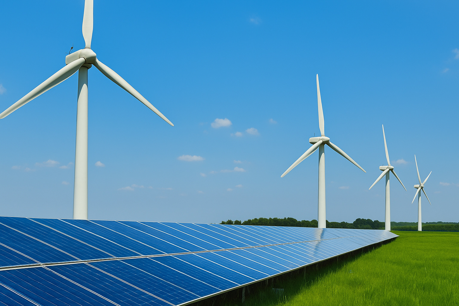 Painéis solares e turbinas eólicas gerando energia renovável sob o céu claro ao meio-dia.