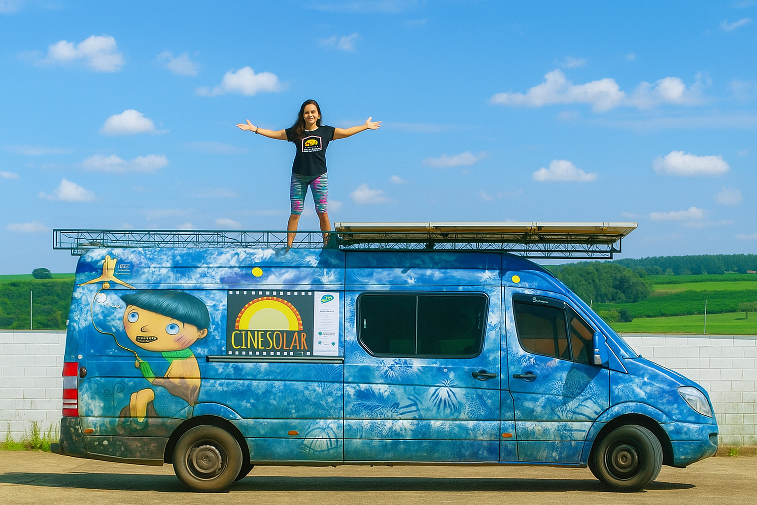 Mulher em cima de van do Cinesolar com céu azul e nuvens ao fundo.
