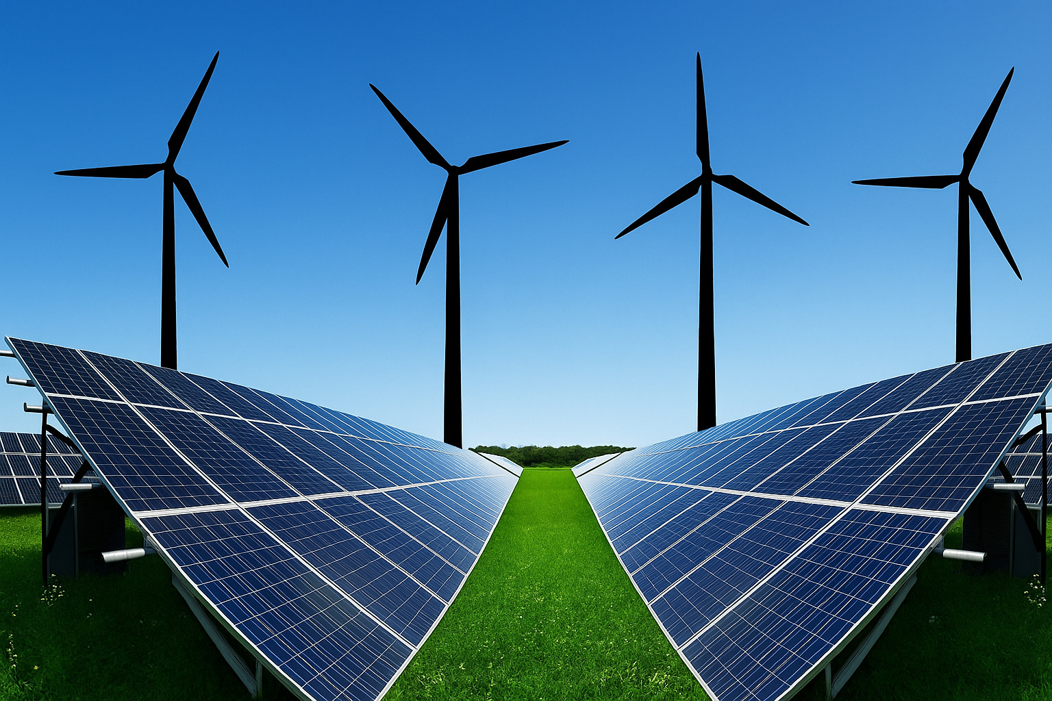 Painéis solares e turbinas eólicas em um campo verde sob um céu limpo e ensolarado, representando energia renovável.