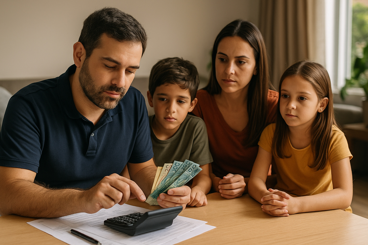 Família brasileira analisando renda e orçamento doméstico enquanto o pai utiliza uma calculadora, representando os critérios de classe média em 2025.