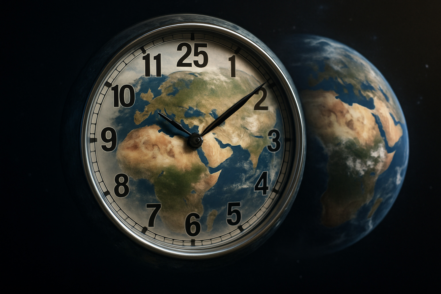 Representação realista da Terra funcionando como relógio marcando 25 horas, simbolizando a desaceleração da rotação do planeta.
