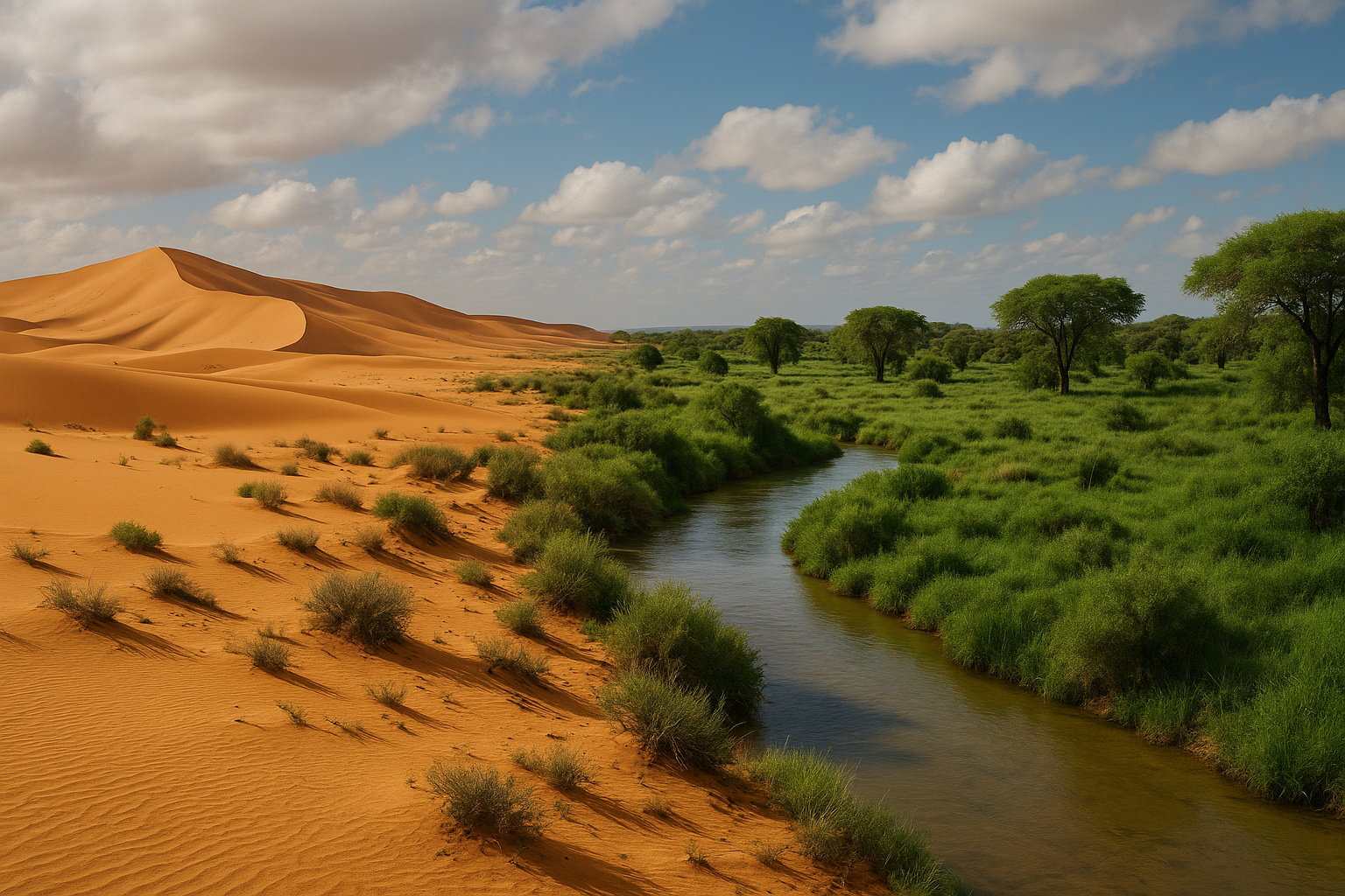 Deserto do Saara parcialmente coberto por vegetação verde e úmida, com dunas douradas e pequenas áreas alagadas sob céu nublado.