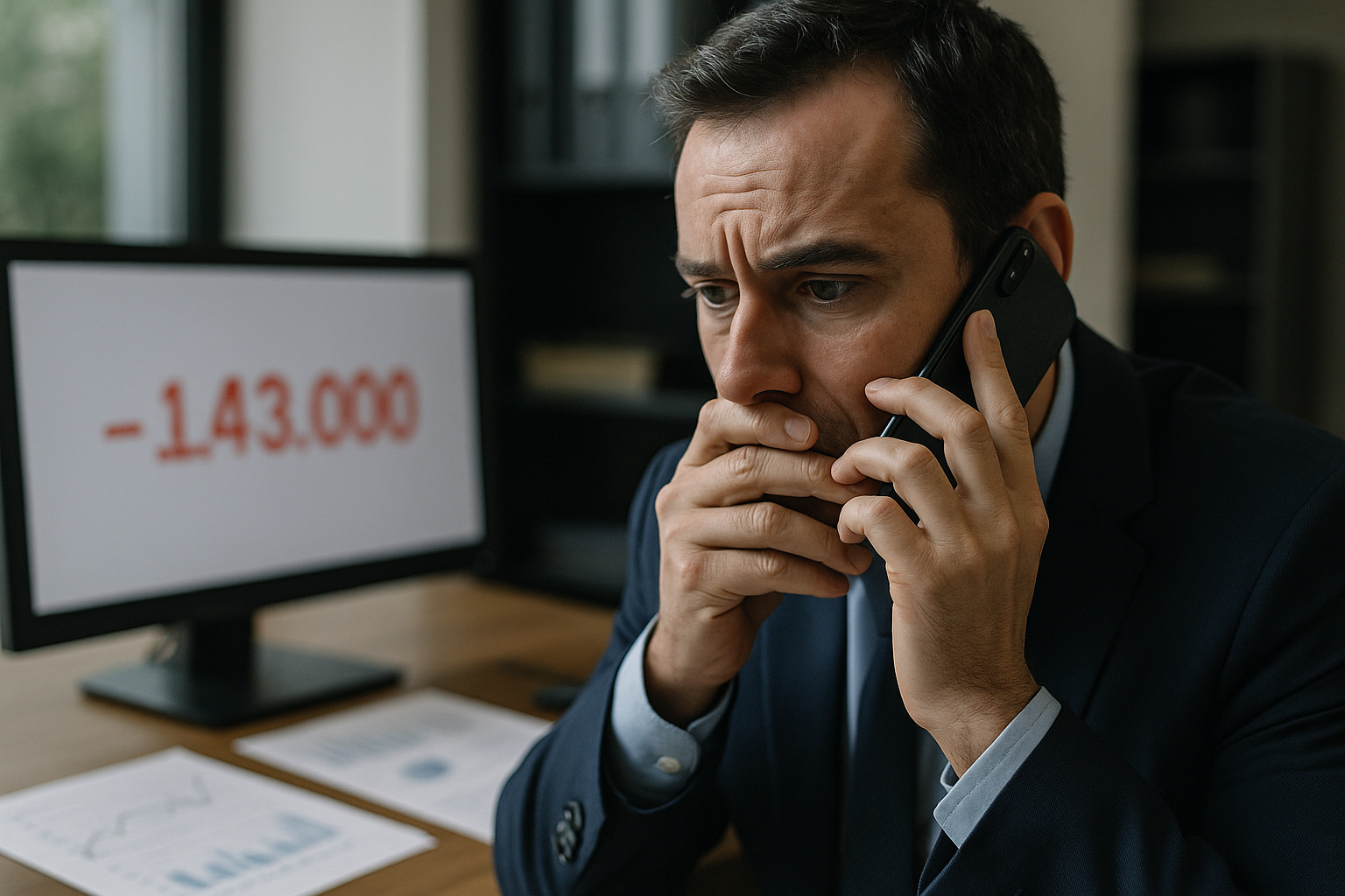 Homem preocupado ao telefone após golpe bancário, com tela exibindo valor perdido e ambiente corporativo ao fundo.