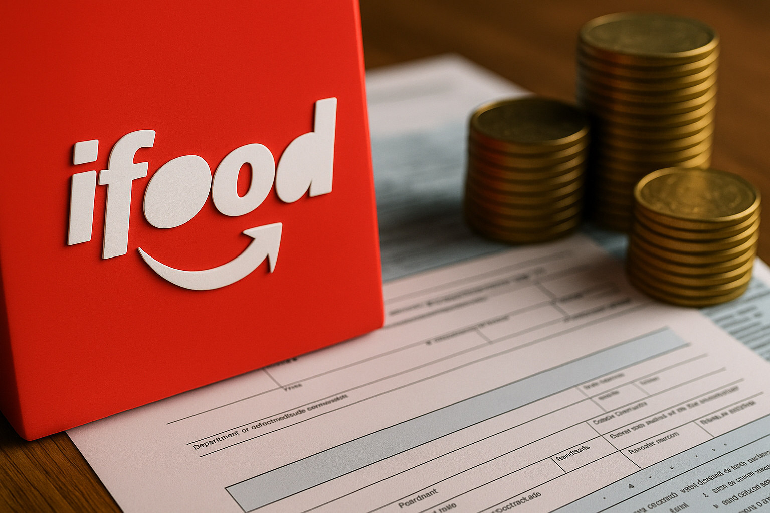 Logo do iFood ao lado de pilhas de moedas sobre documentos fiscais, representando a devolução de R$ 1 bilhão em impostos à Receita Federal.