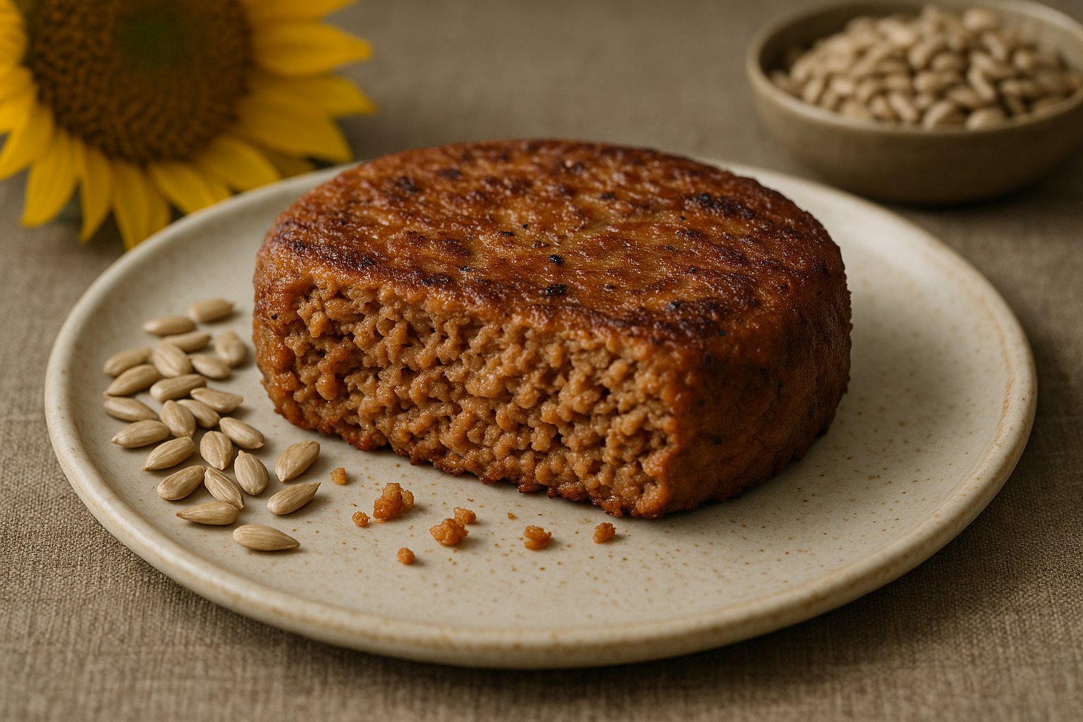 Carne vegetal feita de semente de girassol criada pela Unicamp e instituto alemão, com textura realista e aparência suculenta em prato rústico.