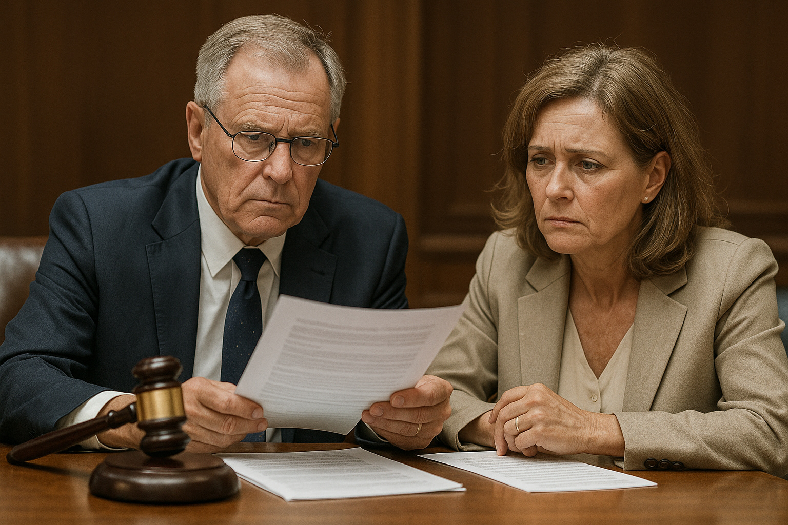 Casal em audiência jurídica analisando documentos de partilha de bens e lucros empresariais após decisão do STJ.