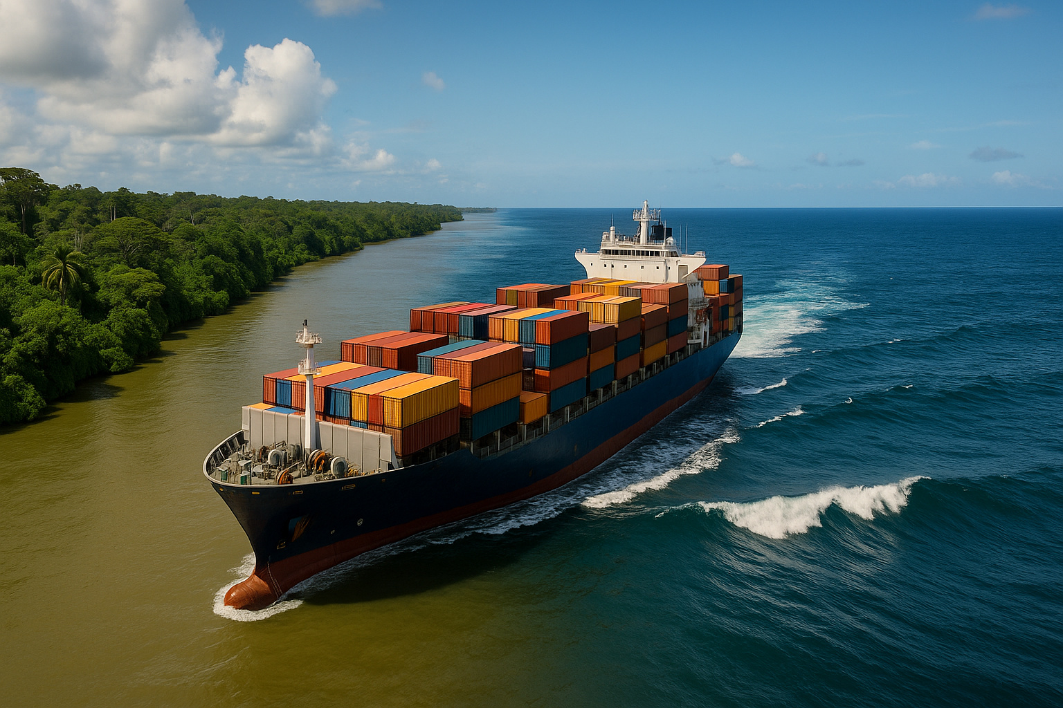 Navio porta-contêineres deixando um rio amazônico e entrando no Oceano Pacífico, simbolizando a nova rota logística Amazônia–Pacífico.