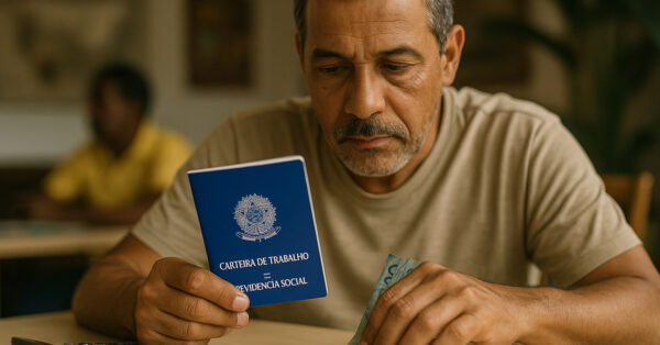 Homem segurando carteira de trabalho brasileira enquanto conta dinheiro, representando a diferença de renda entre autônomos e trabalhadores CLT em 2025.
