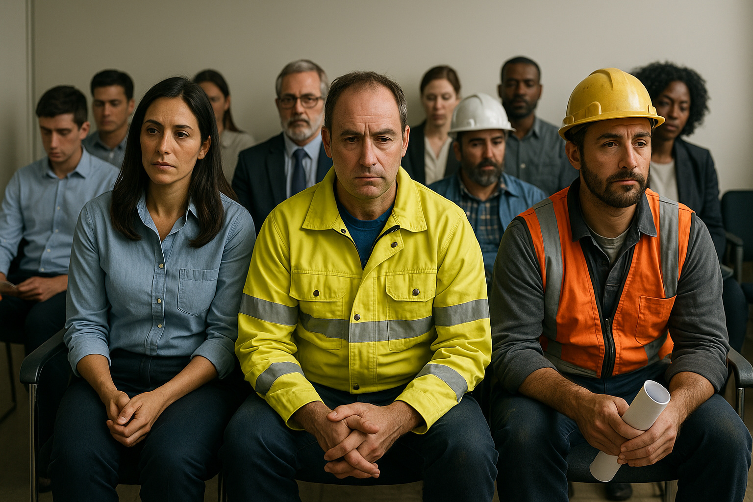 Trabalhadores autônomos e formais lado a lado em ambiente de seleção, representando a busca por estabilidade e a retomada da carteira assinada no Brasil.