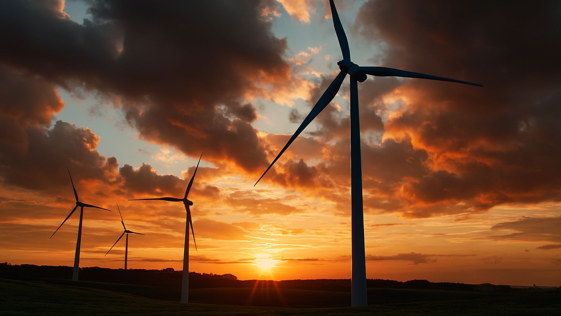 Turbinas eólicas em campo aberto ao pôr do sol, com céu parcialmente nublado e luz dourada iluminando a paisagem.