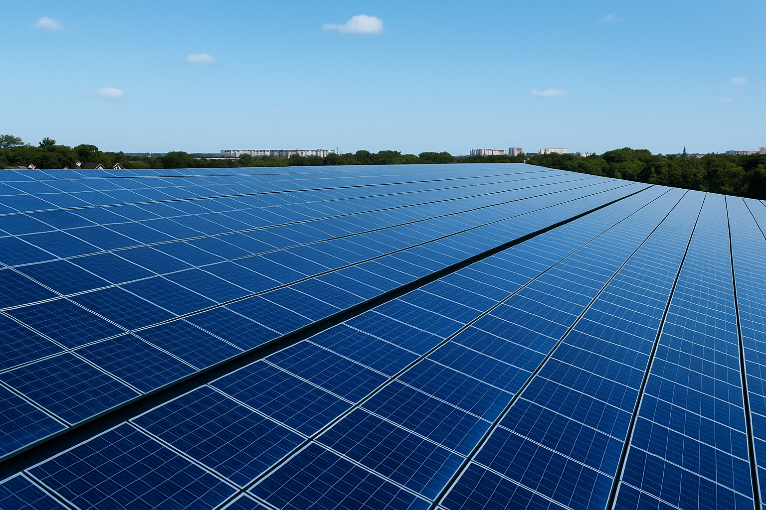 Painéis solares em grande usina fotovoltaica captando energia sob o sol do meio-dia.