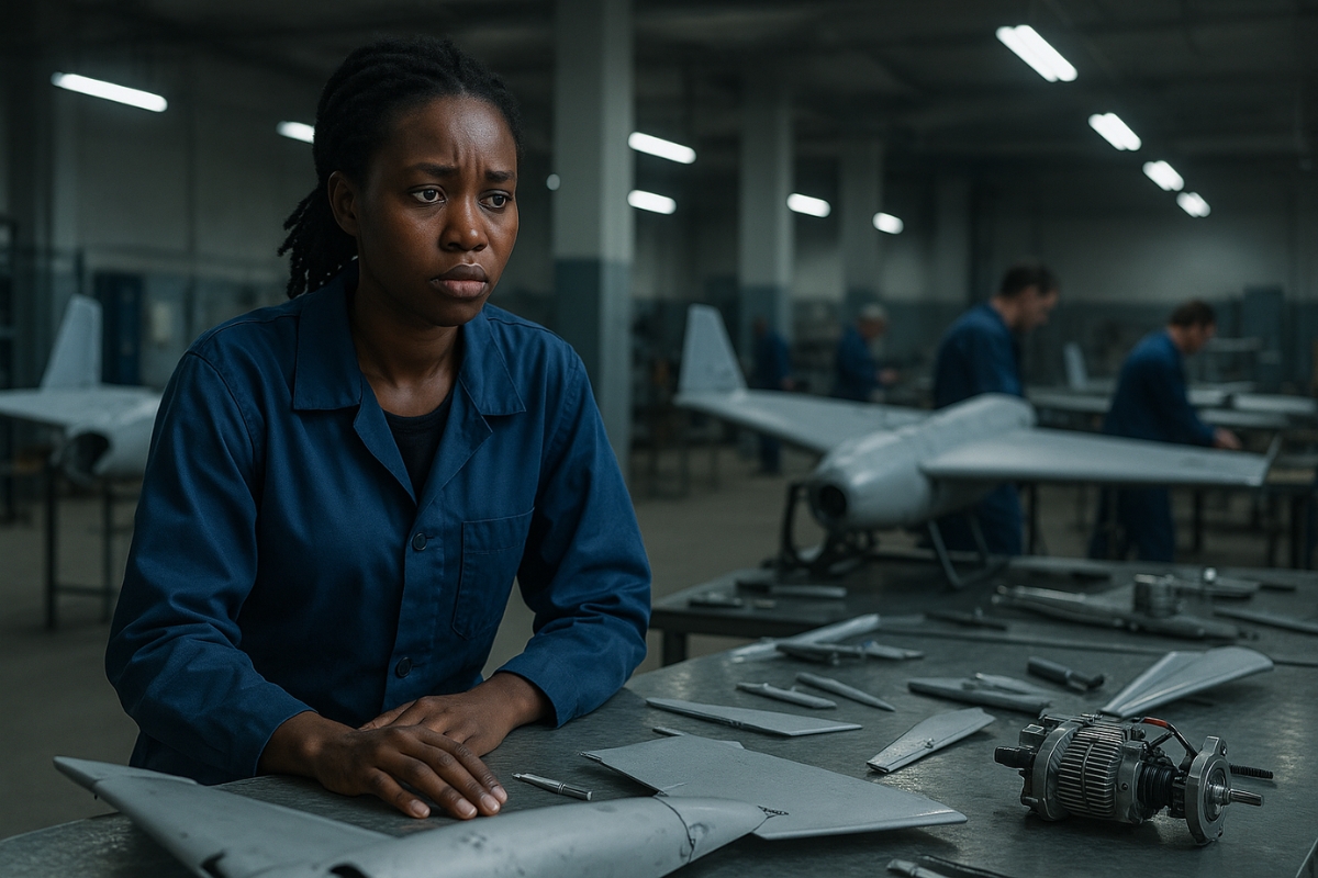 Jovem mulher africana trabalha em uma fábrica de drones na Rússia, representando o drama das trabalhadoras estrangeiras levadas sob falsas promessas de emprego.