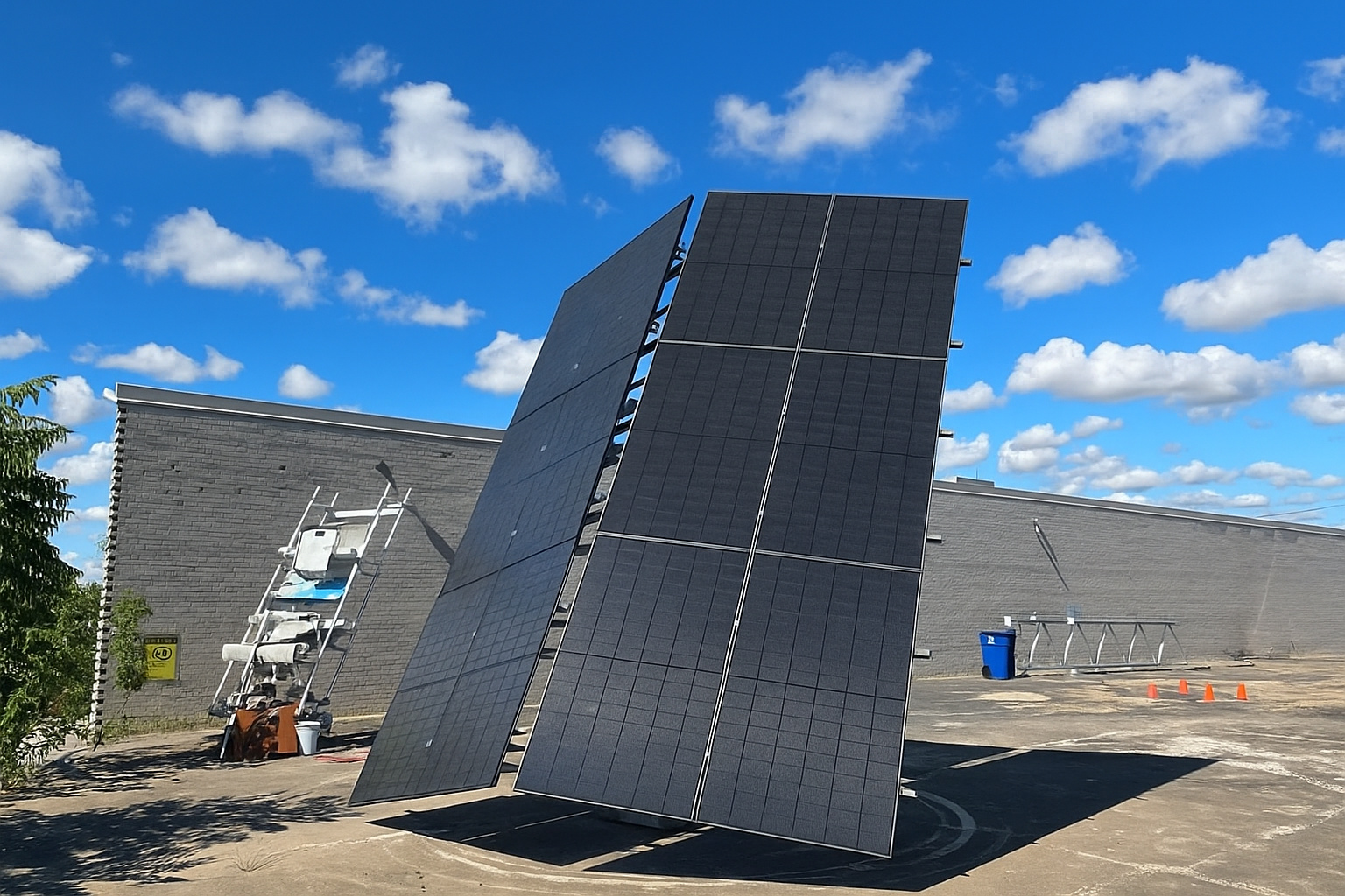 Painéis solares inclinados instalados em um pátio urbano, com céu azul e poucas nuvens ao fundo, ao lado de uma parede cinza e equipamentos de suporte.