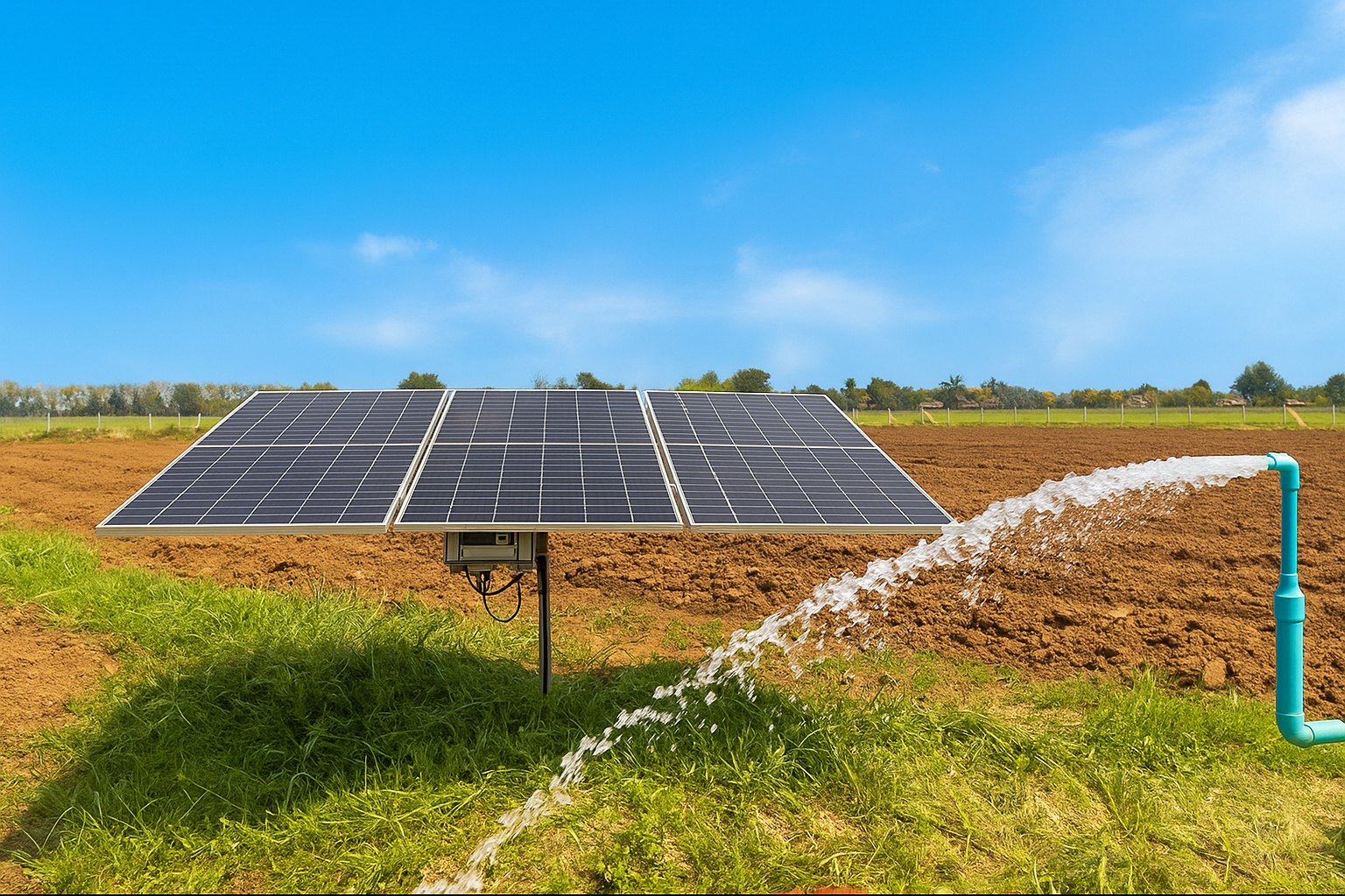 Sistema de irrigação movido a energia solar em área rural sob céu azul com poucas nuvens.