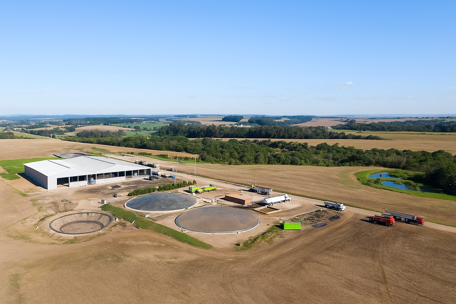 Vista aérea de uma fazenda com tanques circulares e galpão sob um céu azul de meio-dia, cercada por plantações e áreas verdes.