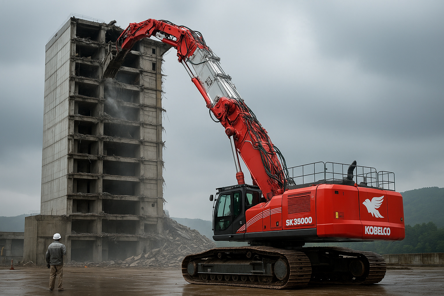 Quando cidades precisam derrubar arranha-céus sem explosivos, chamam ela: mais de 300 toneladas, alcance absurdo e força para cortar vigas gigantes como manteiga — a supermáquina que redefine a demolição urbana no Japão