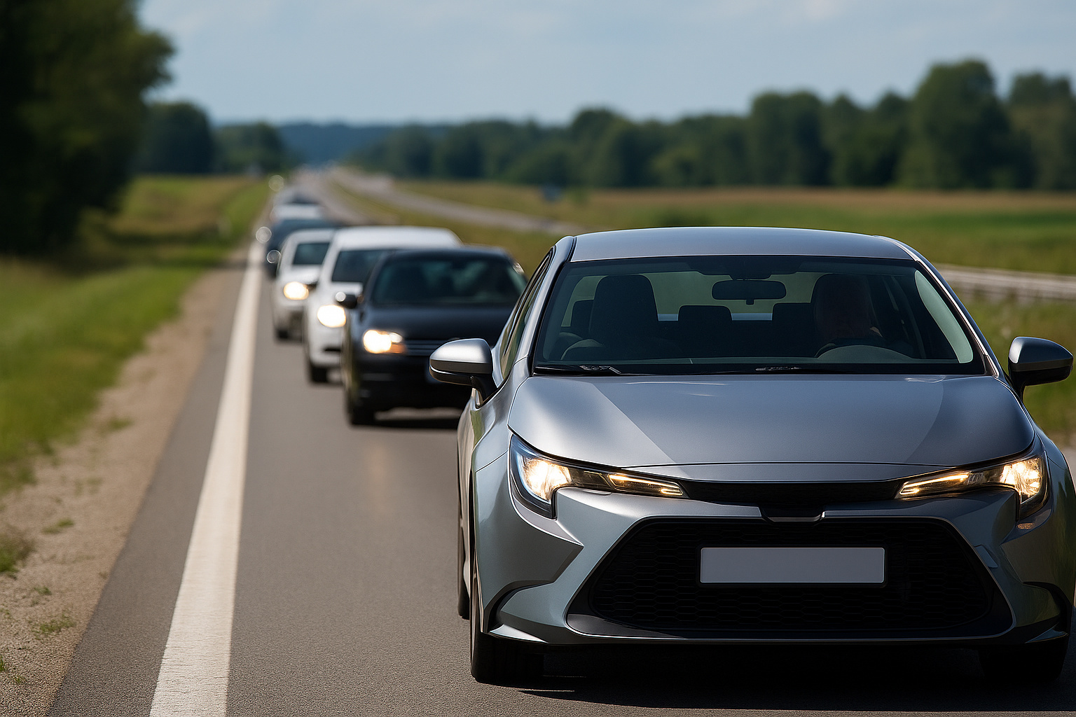 Carros trafegando com faróis acesos durante o dia em uma rodovia de pista simples, representando a nova regra do código de trânsito brasileiro.