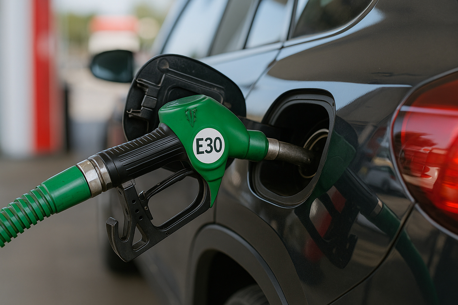 Bico de combustível verde com etiqueta E30 abastecendo carro em posto brasileiro, representando a nova gasolina com 30% de etanol adotada em 2025.