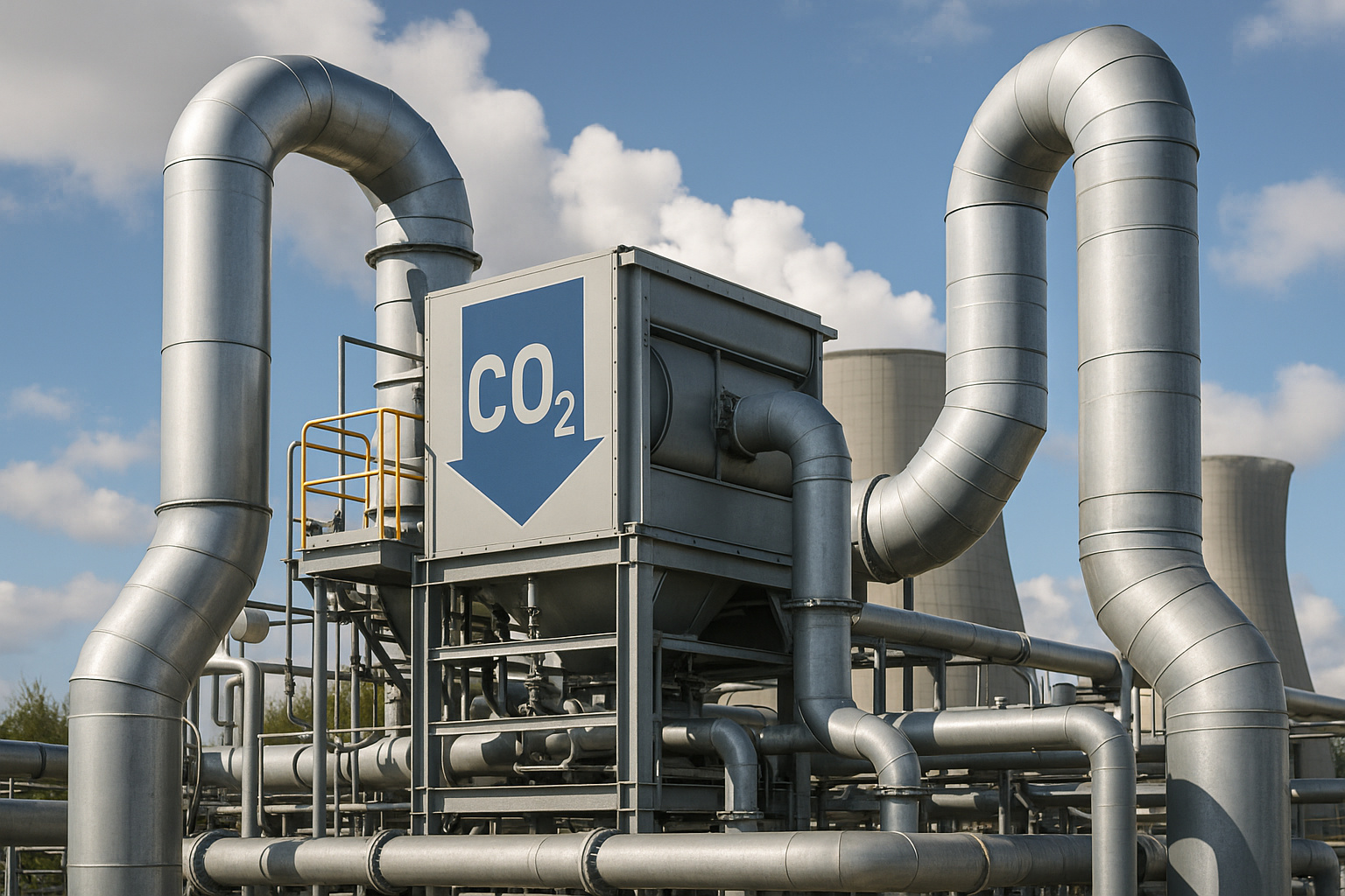 Unidade industrial de captura de CO₂ com dutos metálicos e sistema tecnológico de manejo de carbono em operação