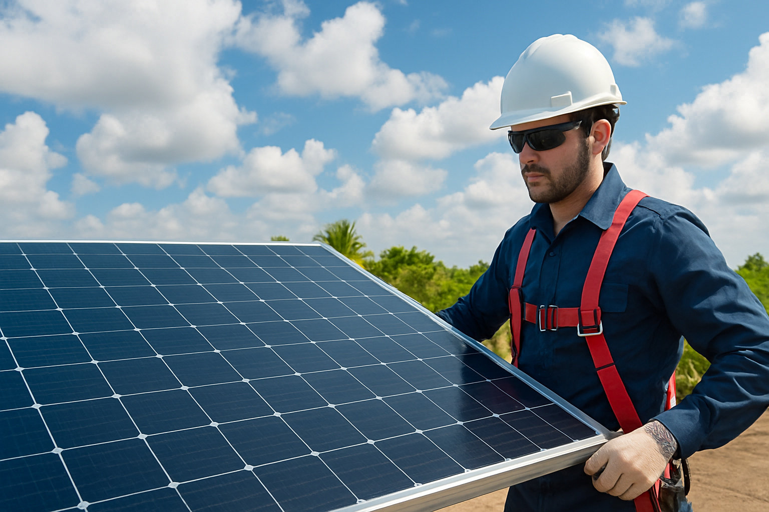 Técnico inspecionando painéis solares sob um céu parcialmente nublado.