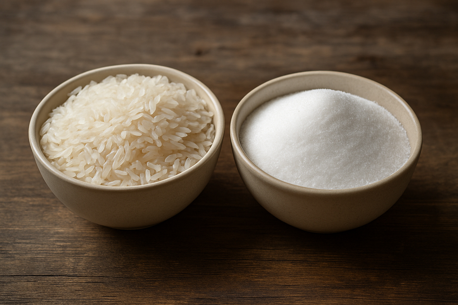 Tigelas com arroz branco e açúcar lado a lado sobre mesa de madeira, ilustrando o estudo da Harvard sobre o impacto glicêmico do arroz branco.