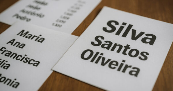 Folhas impressas com os nomes e sobrenomes mais comuns do Brasil, incluindo Silva, Santos, Oliveira, Maria e José, conforme o Censo 2022 do IBGE.