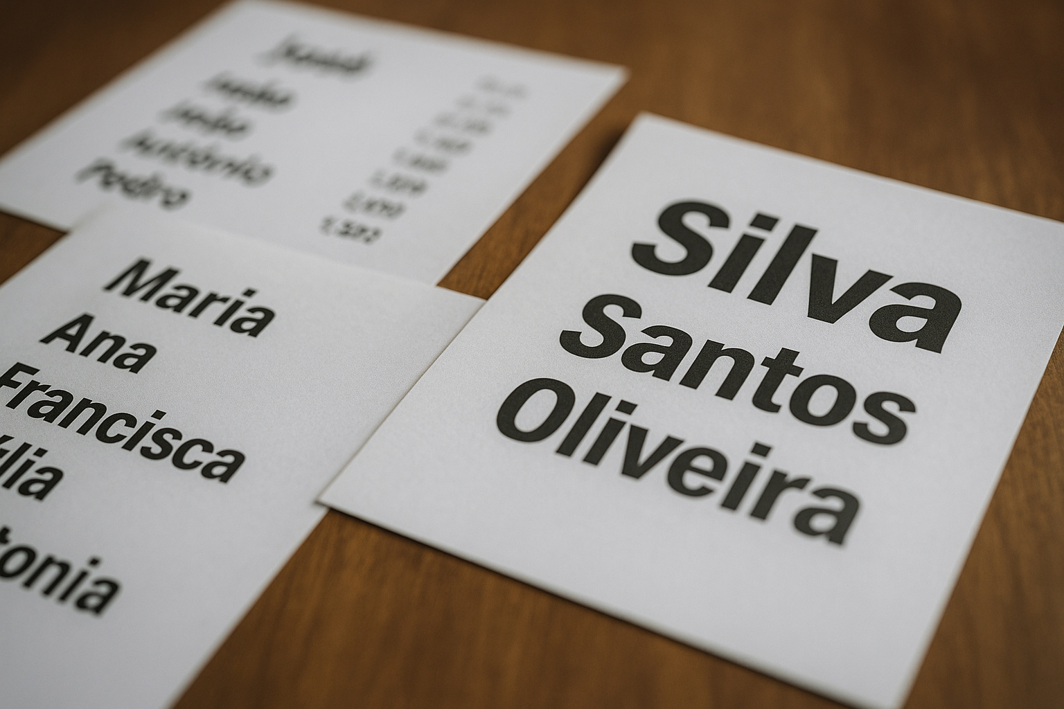 Folhas impressas com os nomes e sobrenomes mais comuns do Brasil, incluindo Silva, Santos, Oliveira, Maria e José, conforme o Censo 2022 do IBGE.
