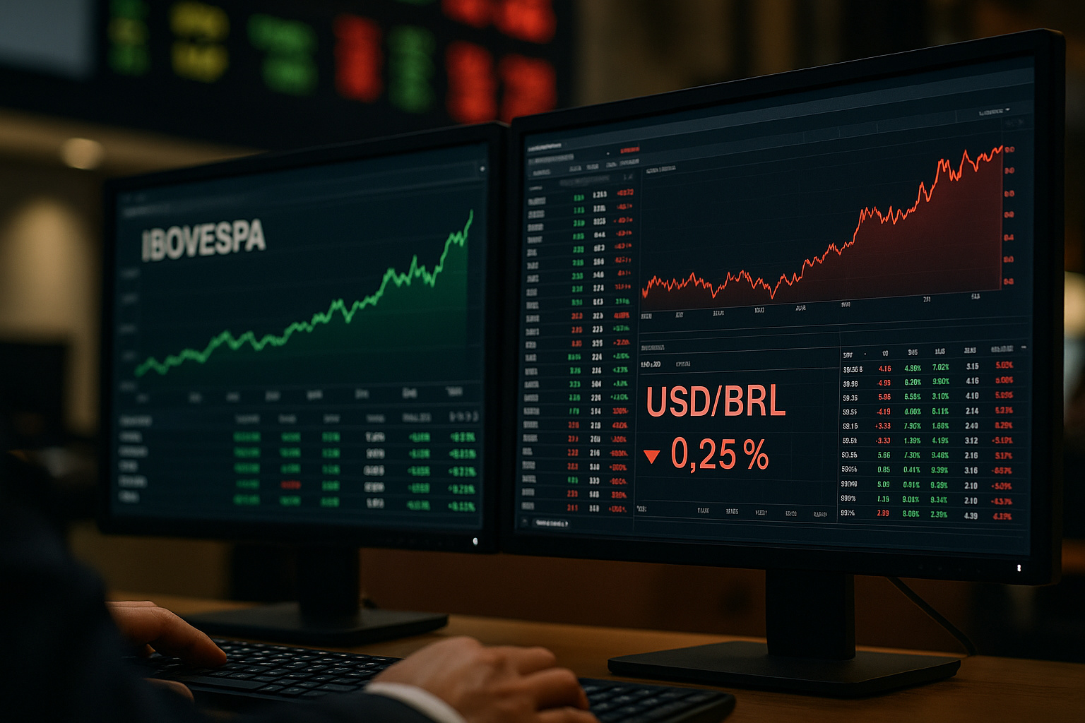 Painel digital mostra alta do Ibovespa acima de 150 mil pontos e valorização do dólar frente ao real em ambiente de negociação da B3.