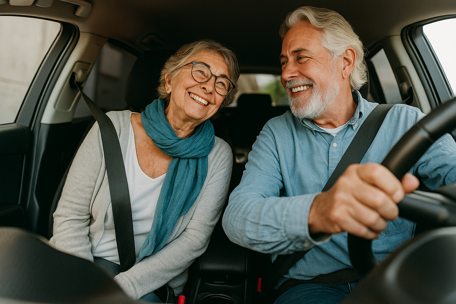Casal de idosos sorrindo dentro do carro, representando autonomia e mobilidade relacionadas à isenção do IPVA.