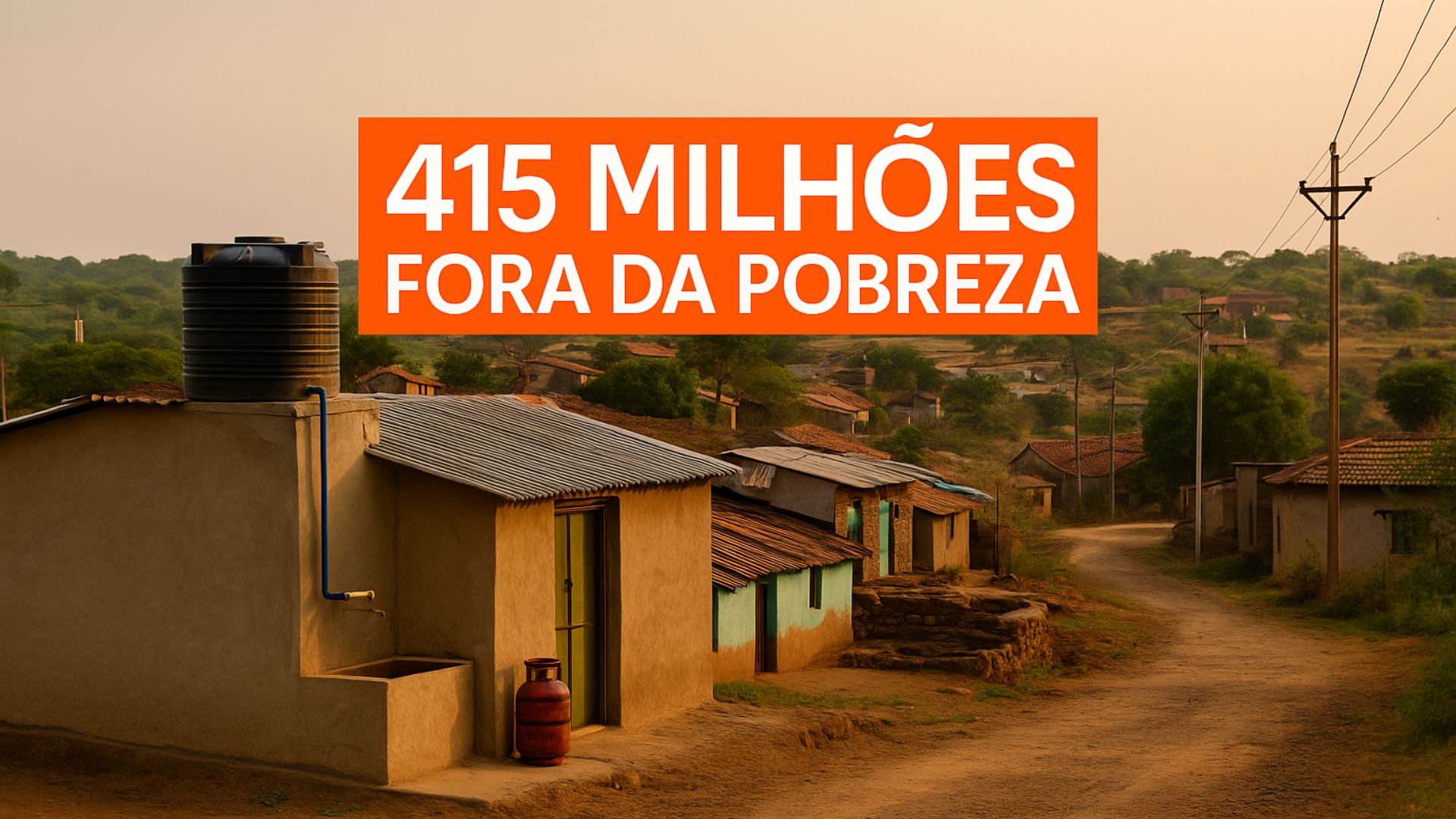 Índia reduziu a pobreza multidimensional em 415 milhões de pessoas em 15 anos com saneamento, gás de cozinha, água encanada e eletricidade. (Imagem gerada por IA)