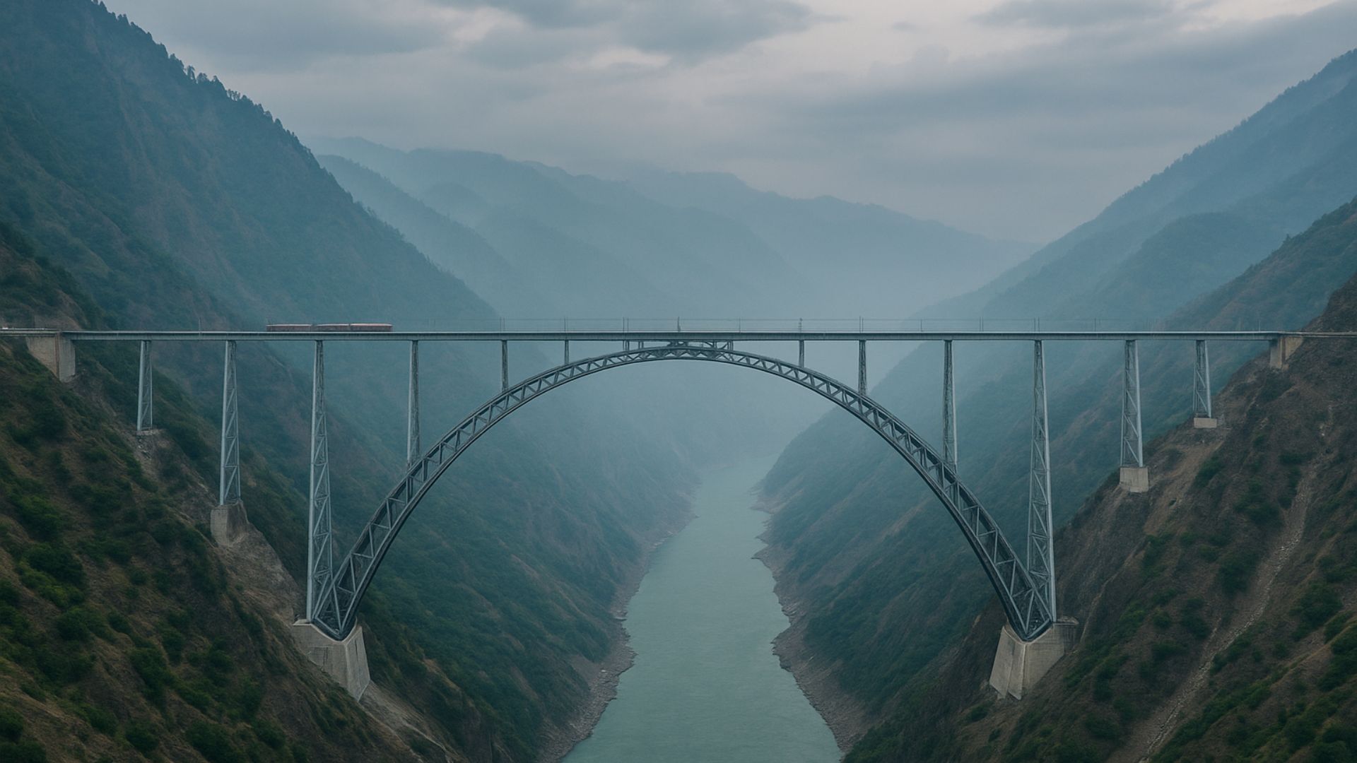 Ponte ferroviária com 359 m de altura estreia na Índia, integra 943 pontes no trajeto e reduz em até três horas a viagem para Srinagar. (Imagem gerada por IA)
