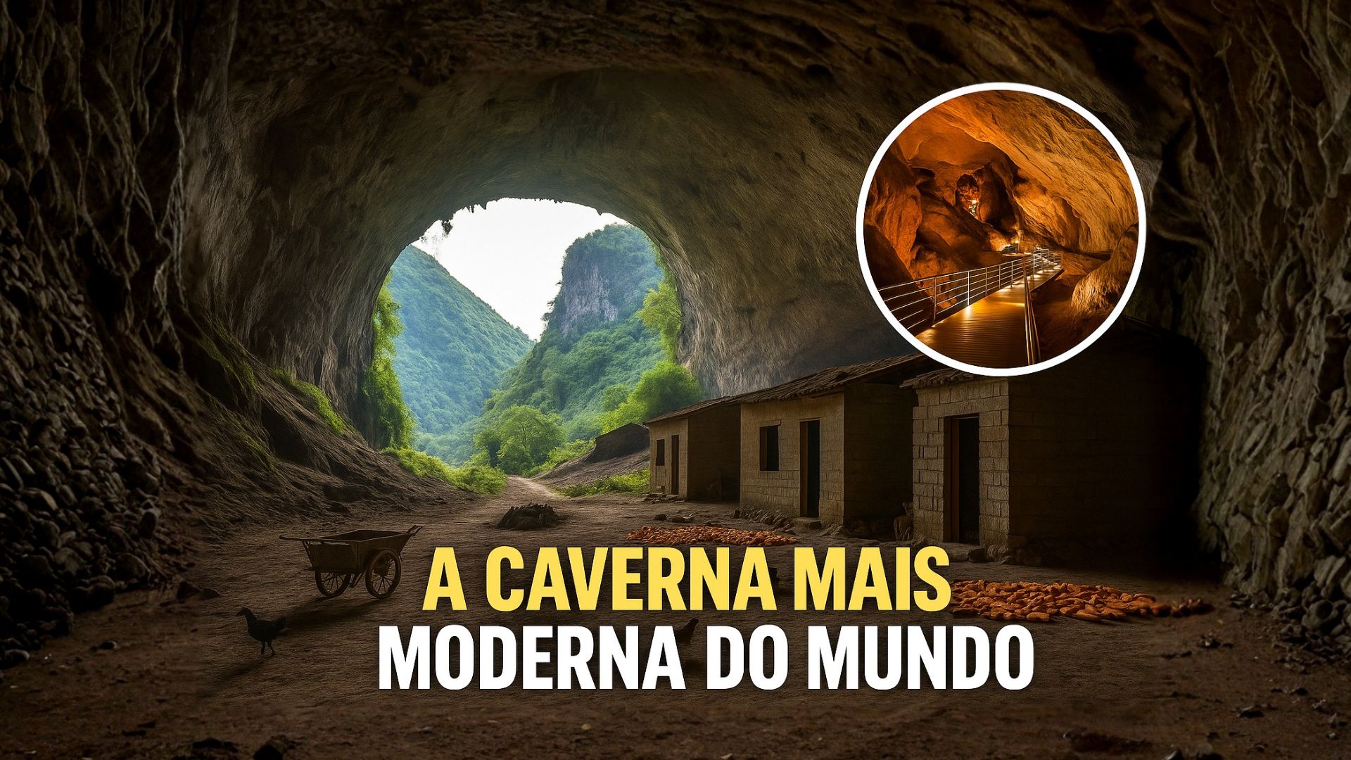 Comunidade de 18 famílias vive permanentemente em caverna de calcário na China, mantém milho, galinhas e eletricidade mesmo com acesso difícil e planos de realocação. (Imagem gerada por IA)