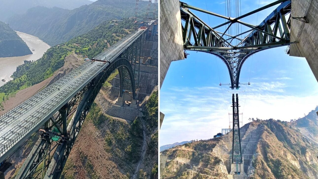 A estrutura metálica de 1.315 m do arco da Chenab Rail Bridge mostra treliças e ligações projetadas para ventos, sismos e vida útil prolongada. (Imagem: Orione Hydraulics)
