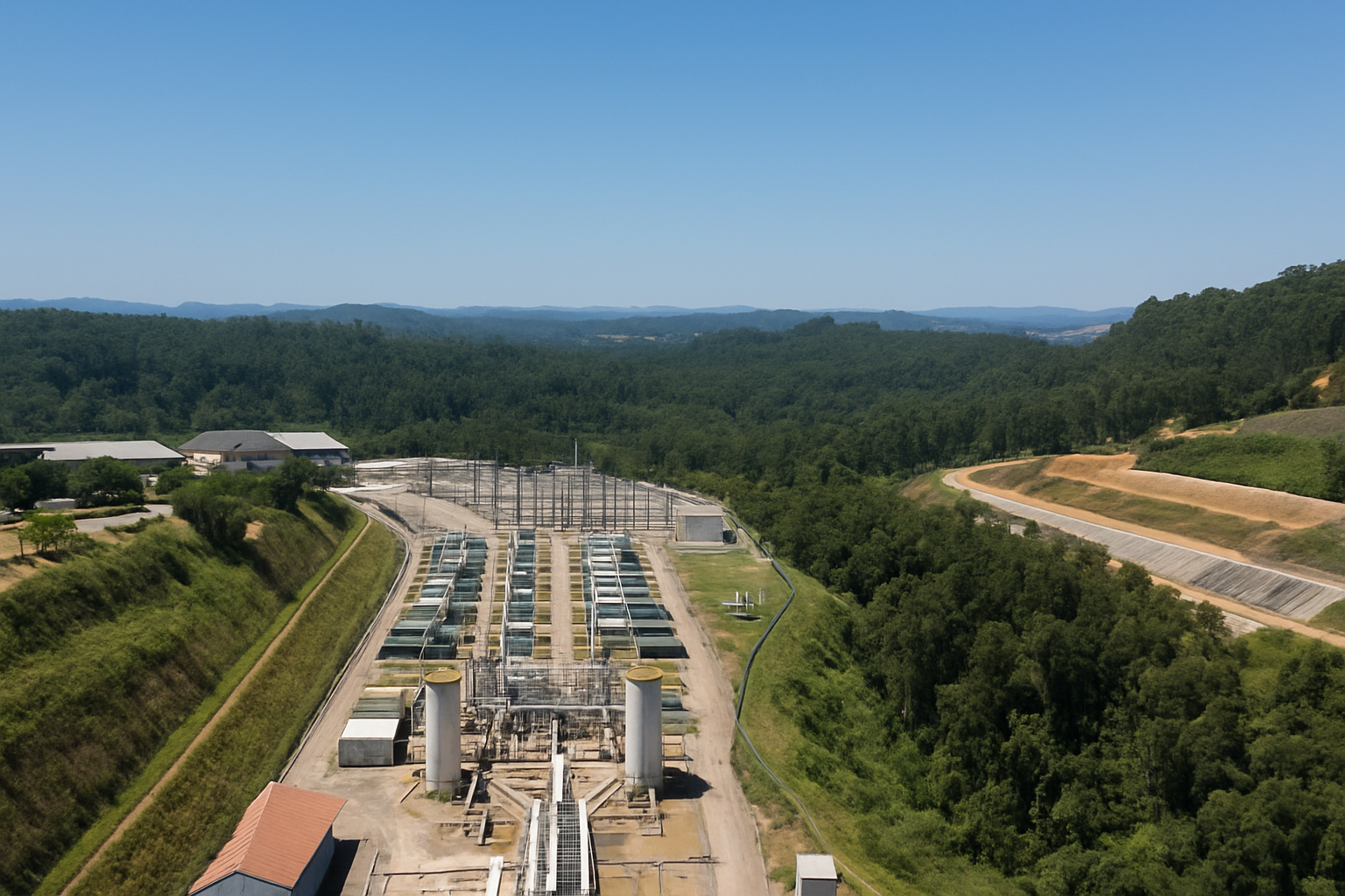 Vista aérea de uma usina industrial cercada por colinas verdes sob um céu limpo e azul.