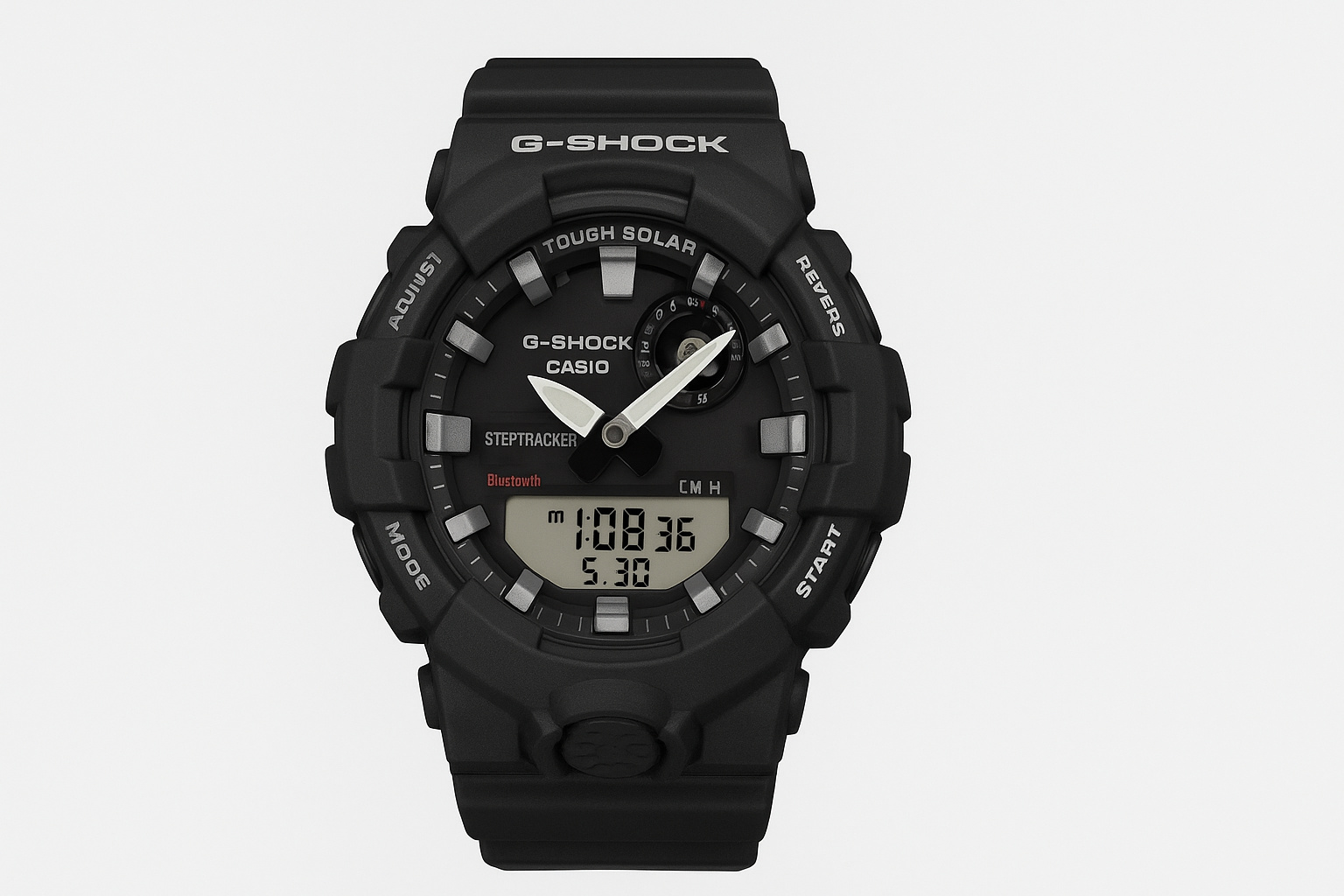 Relógio Casio G-Shock Tough Solar preto com visor digital e analógico sobre fundo claro.