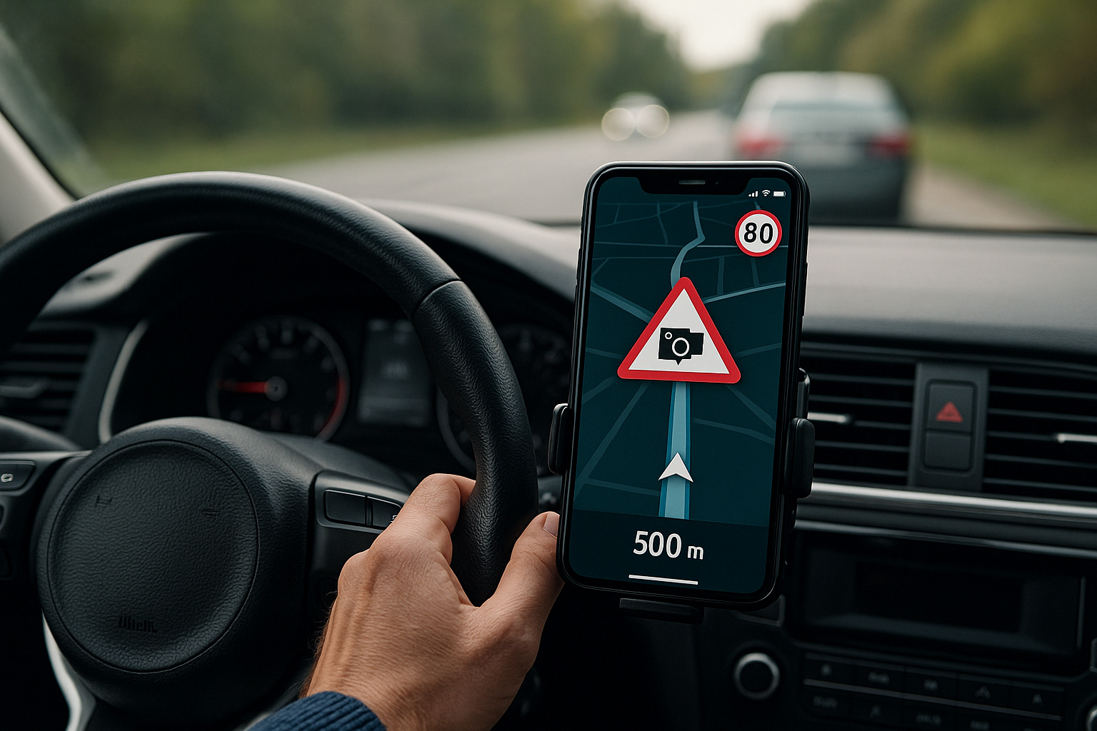 Motorista segura o volante enquanto observa um aplicativo de navegação no painel do carro mostrando alerta de radar de velocidade em estrada brasileira