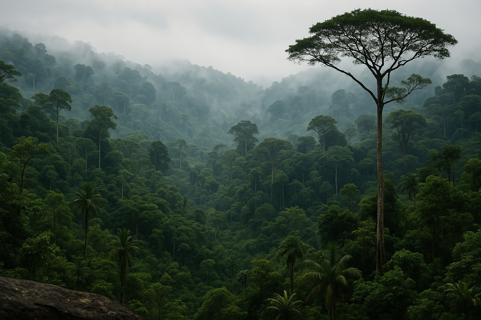 Floresta amazônica densa com árvores altas e neblina, representando a preservação ambiental discutida na COP30 e o aporte português ao Fundo de Florestas Tropicais.