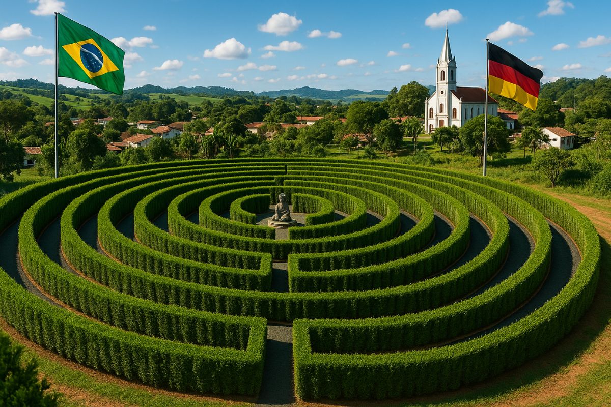 Em Guabiruba, no Vale do Itajaí, o maior labirinto do Sul do Brasil usa Podocarpus para criar um percurso educativo no Parque Municipal, celebrando a amizade com a Alemanha e oferecendo visita gratuita.