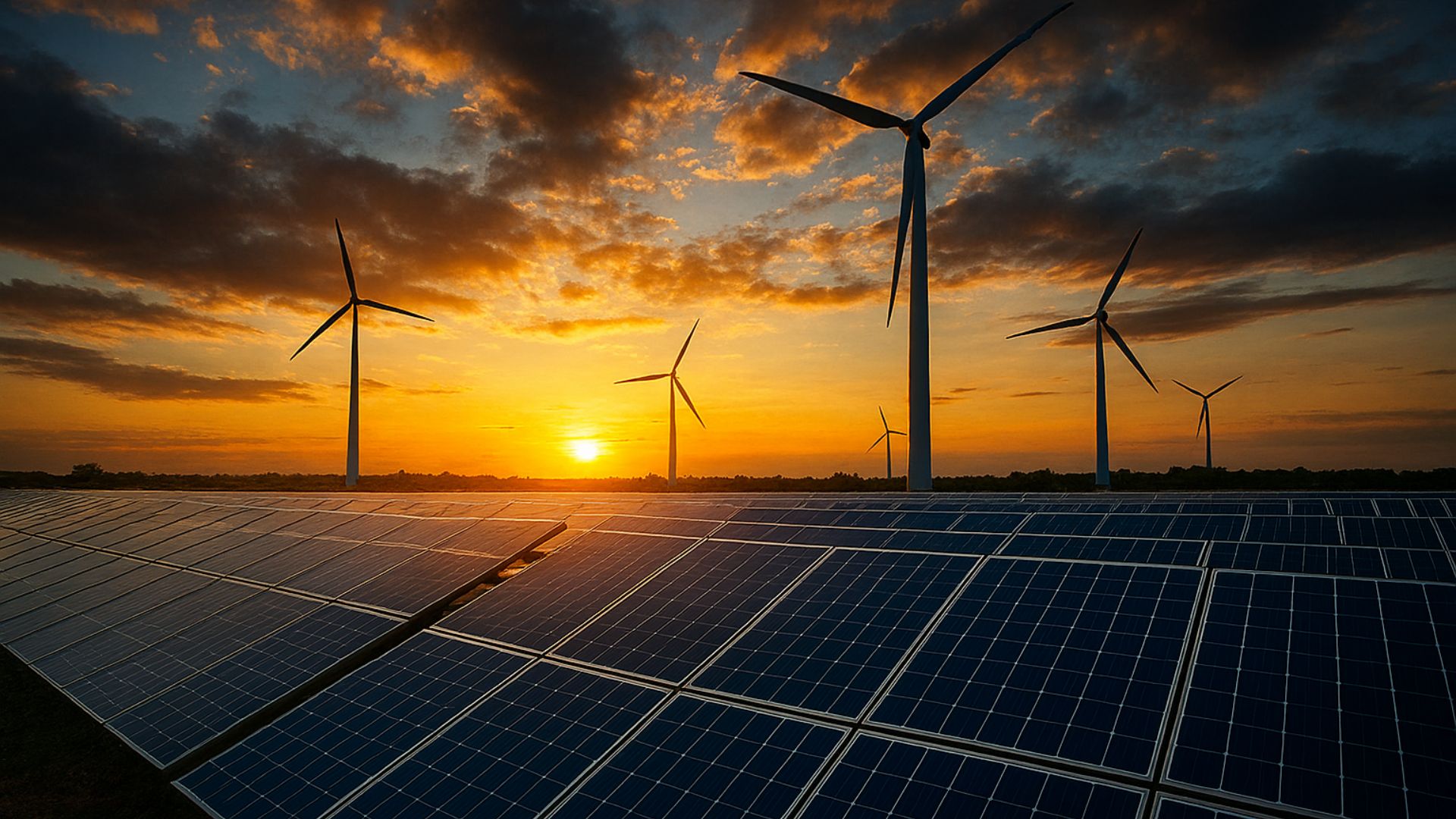 Paisagem de energia renovável com painéis solares e turbinas eólicas sob um céu dramático ao pôr do sol.